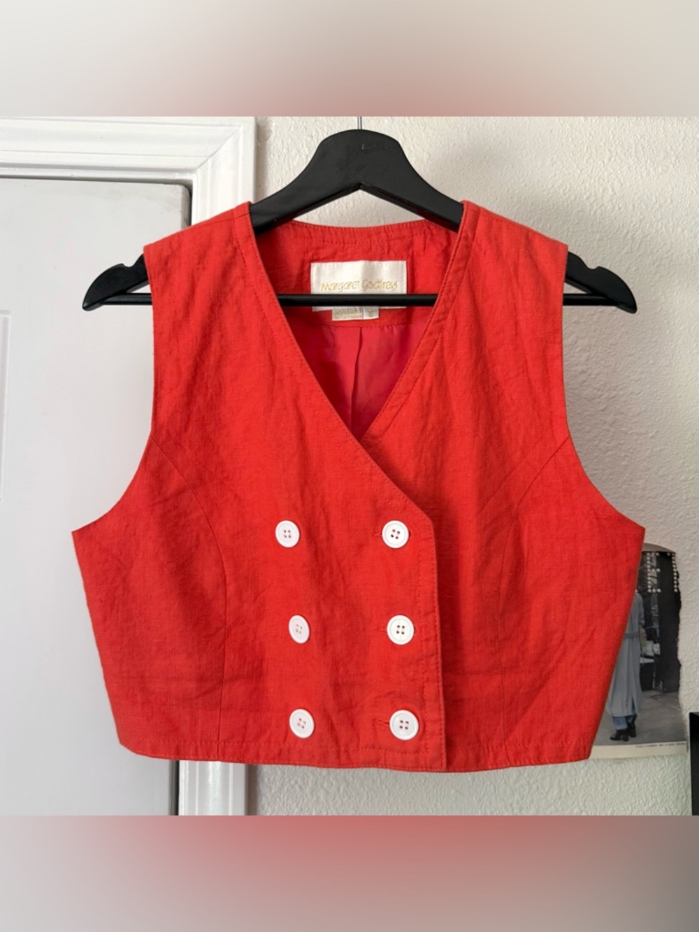 MARGARET GODFREY vintage coral red linen double breasted cropped tank top